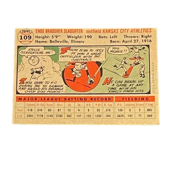 1956 Topps #109 Enos Slaughter Baseball Card Kansas City A's - Picture 2 of 2